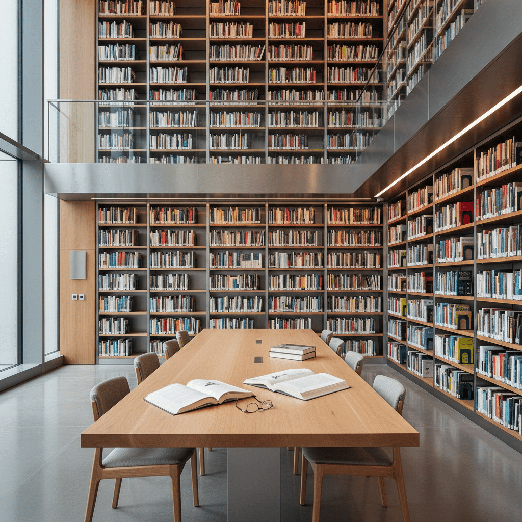 Una grande sala di lettura con scaffali a tutta altezza pieni di libri e un grande tavolo in legno con sedie nel centro.