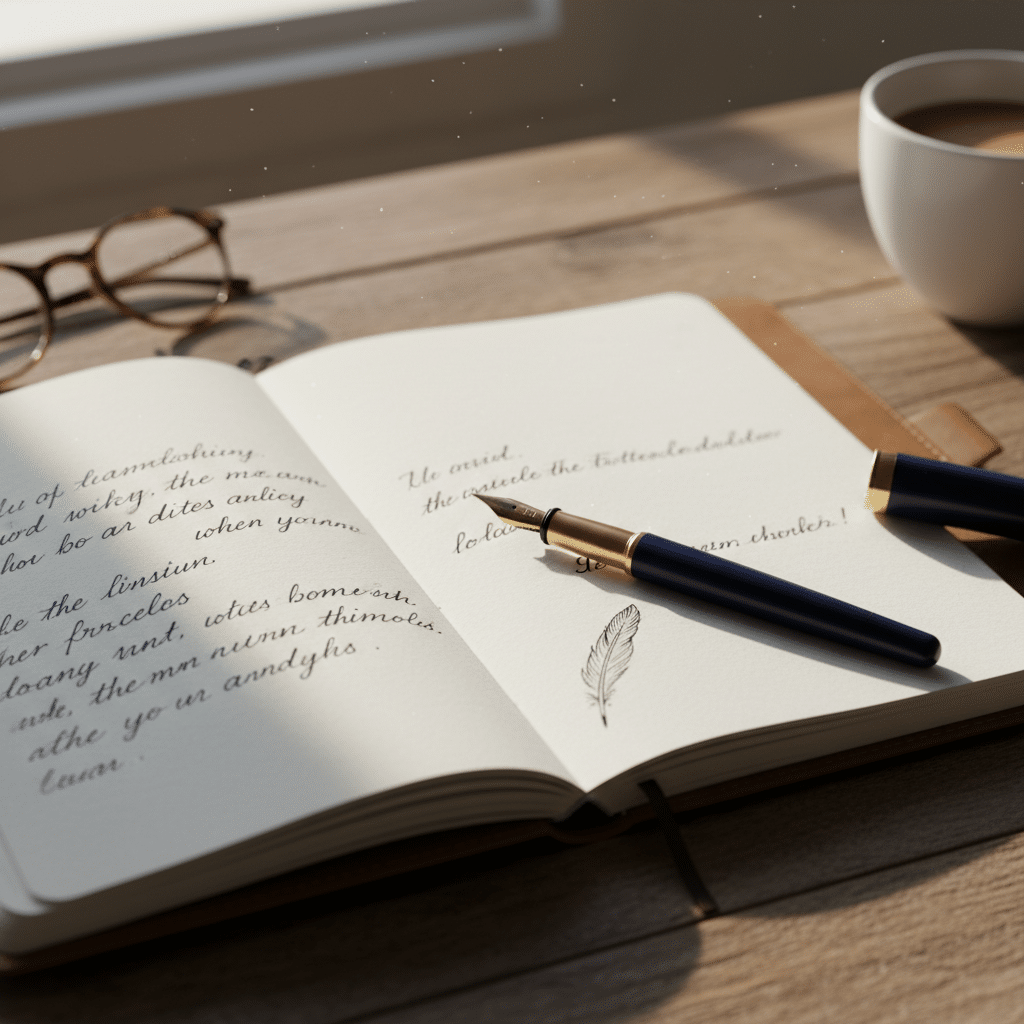 Una stilografica blu e oro riposa aperta su un quaderno con pagine scritte a mano, posizionato su una scrivania in legno accanto a occhiali e una tazza di caffè.